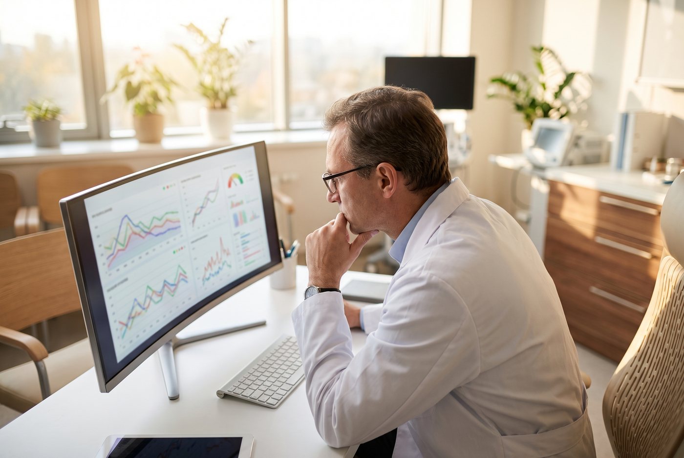 Arzt betrachtet die Analyse von Patientendaten mit Trends über die Zeit am Bildschirm