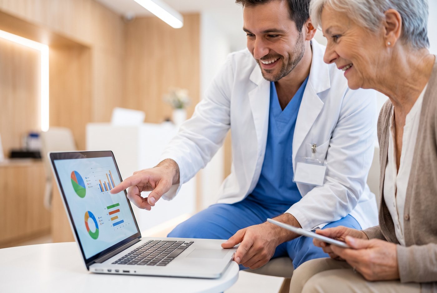 Arzt erklärt einer Patientin die Auswertung ihrer Ergebnisse am Bildschirm