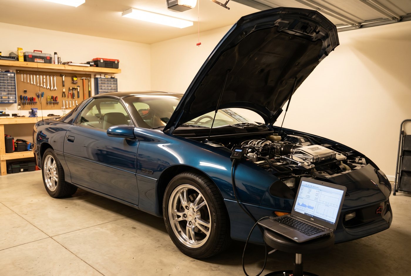OBD-II-Diagnosegerät und Laptop an einem amerikanischen Klassiker in der Garage