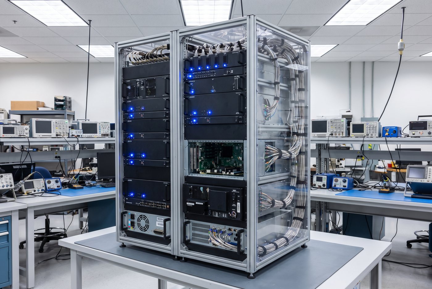 Rack mit Avionik- und Embedded-Modulen in einem Entwicklungslabor