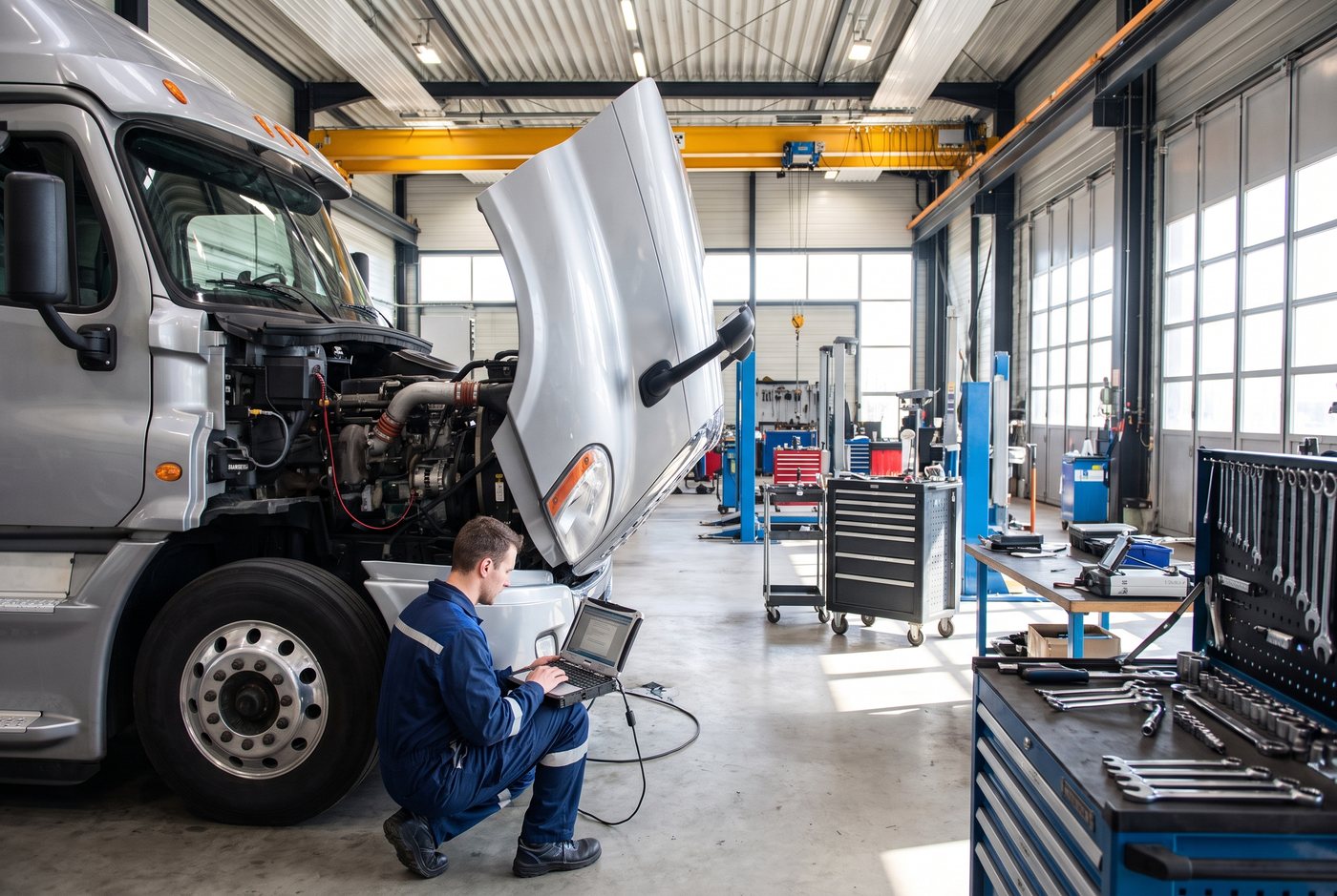 Mechaniker verbindet ein Diagnosegerät mit einem Nutzfahrzeug in der Werkstatt