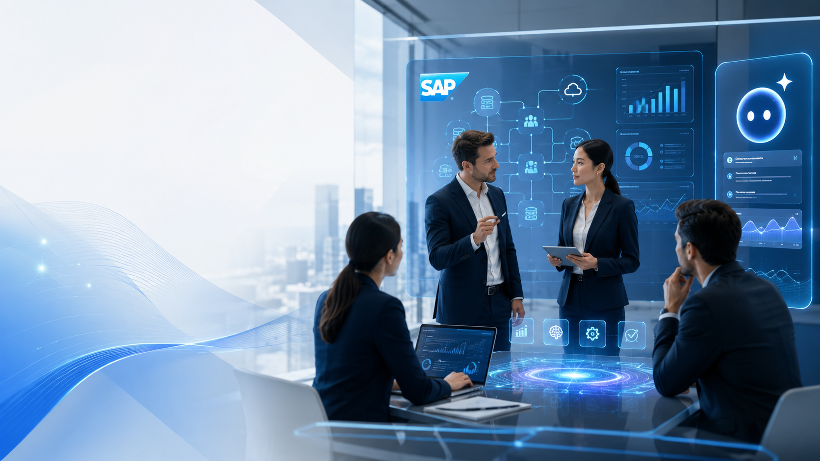 SAP-Beratung zu KI und Migration, Team vor einer SAP-Umgebung mit Joule und Analyse-Dashboards